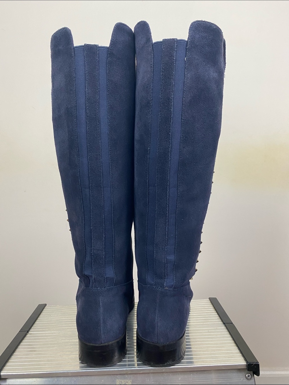 Marc Fisher Navy Suede Knee High Riding Boots with Stud Trim - Picture 3 of 5